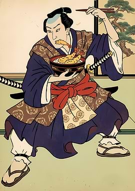 Samurai Eating Tempura Ukiyo-e Style