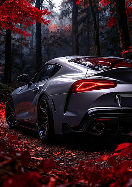 Silver Car in Autumn Forest