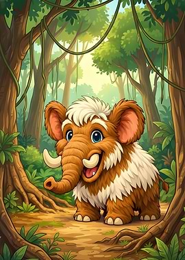 Cartoon Mammoth in Jungle