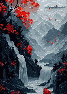Autumn Mountain Waterfall Landscape