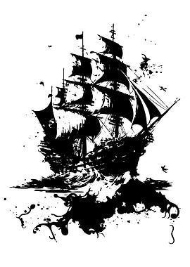 Black and White Pirate Ship Illustration