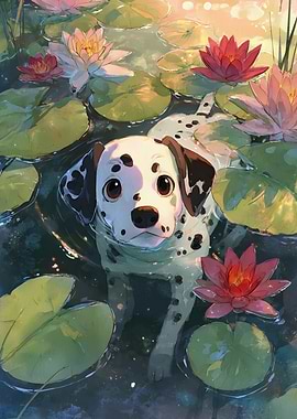 Dalmatian puppy in a lily pond