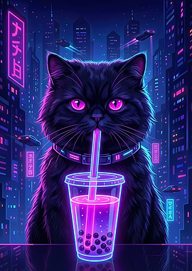 Cyberpunk Cat with Bubble Tea
