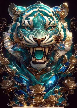Ornate Teal and Gold Tiger Portrait