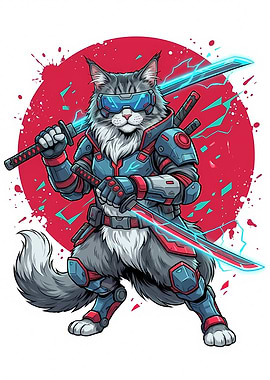 Cyberpunk Cat Samurai Warrior