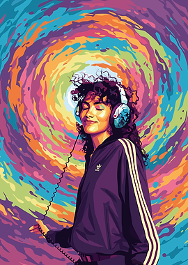 Olivia Dean with Headphones in Colorful Art