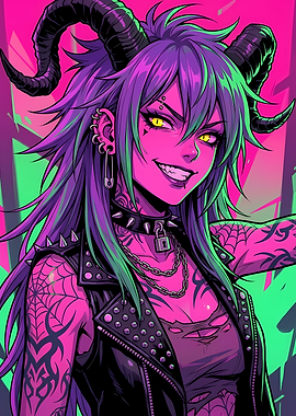 Demon Girl with Tattoos and Horns