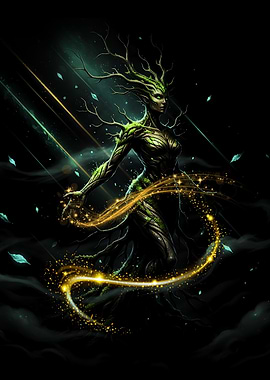 Mystical Tree Woman with Golden Energy