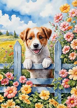 Puppy peering over a blue fence