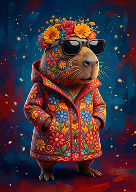 Capybara in Floral Coat and Sunglasses