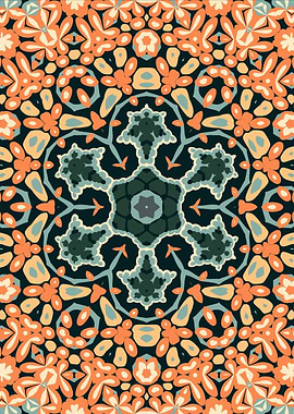 Floral Kaleidoscope Pattern in Orange and Teal