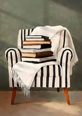 Striped Chair with Books and Blanket