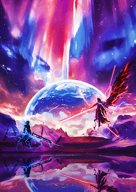 Cosmic Battle with Swords and Wings