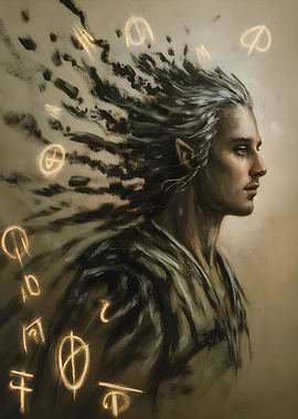 Symbolic Sorcery: Elf with Ancient Runes and Mystical Aura