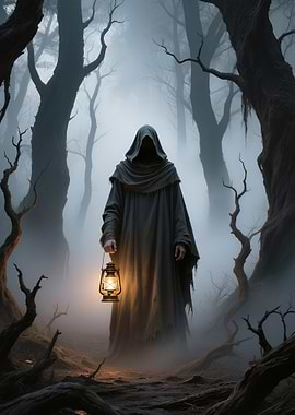 Hooded Figure with Lantern in Forest