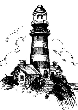 Lighthouse with buildings, black and white