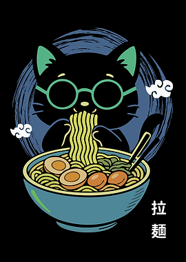 Cat Eating Ramen Japanese Art