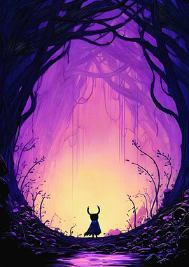 Hollow Knight in a Purple Forest