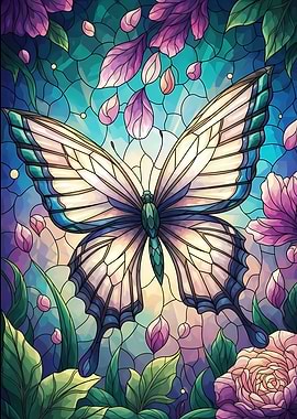Stained Glass Butterfly and Floral Design