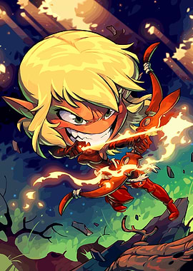Cartoon Elf Archer with Fiery Bow
