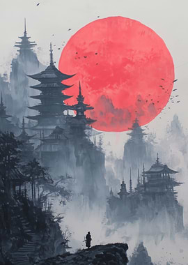 Japanese Landscape with Red Sun