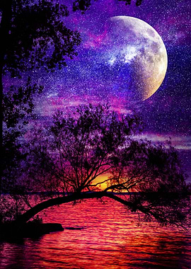 Purple Night Sky with Moon and Lake