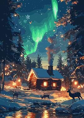 Winter Cabin Under Aurora Borealis