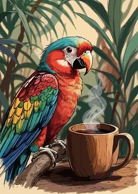 Parrot with Coffee Cup Illustration