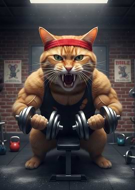 Muscular Cat Lifting Weights in Gym