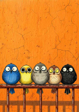 Five Birds on a Rusty Railing