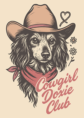 Cowgirl Doxie Club Poster, Dachshund Western Wall Art, Cute Cowboy Dog Illustration Print