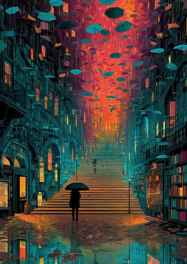 Rainy Street with Umbrellas