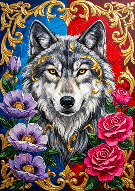 Wolf portrait with flowers and gold