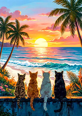 Cats Watching Sunset at the Beach