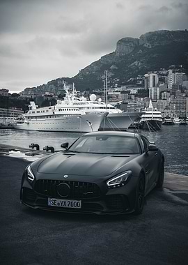 Black Mercedes-AMG GT with Yacht Backdrop