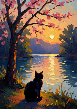 Black Cat by the Lake Painting