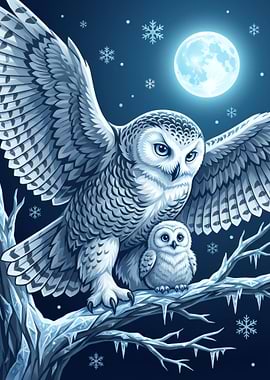 Snowy Owls in Winter Night Scene