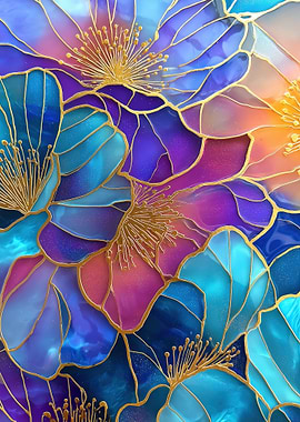 Floral Abstract with Golden Outlines