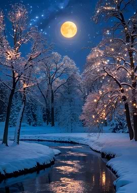 Winter Night Landscape with Full Moon