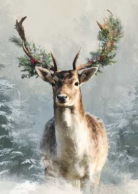 Festive Deer in Winter Forest