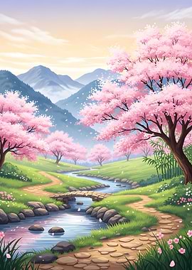Cherry Blossom Landscape with Stream