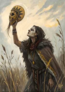 Spirit Summoner Shaman Holding Glowing Skull Dark Fantasy Painting