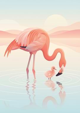Flamingo and Chick in Water