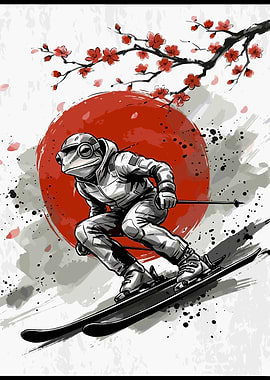 Frog Skier with Japanese Art Style