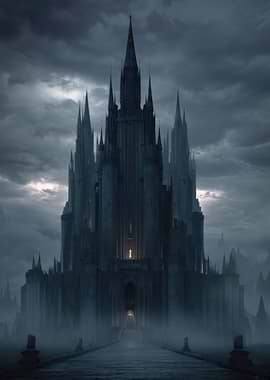 Dark Gothic Castle Under Stormy Sky