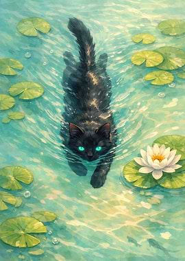 Cat Swimming in Lily Pond