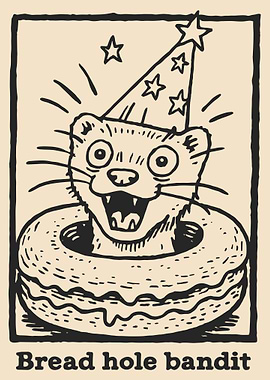 Cute Ferret Donut Poster, Funny Animal Wall Art, Whimsical Party Illustration Print