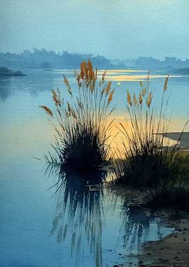 Watercolor painting of a tranquil lake