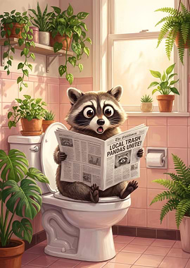 Surprised Raccoon Reading Newspaper on Toilet