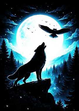 Wolf Howling at Moon with Owl